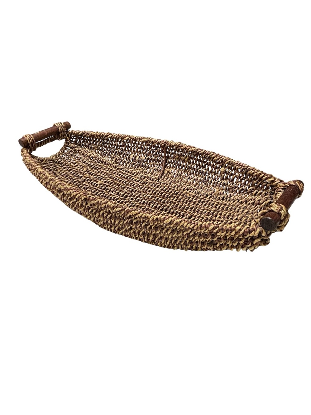 Handwoven Brown Seagrass Tray Basket Wooden Handles Home Decor Braided Wicker